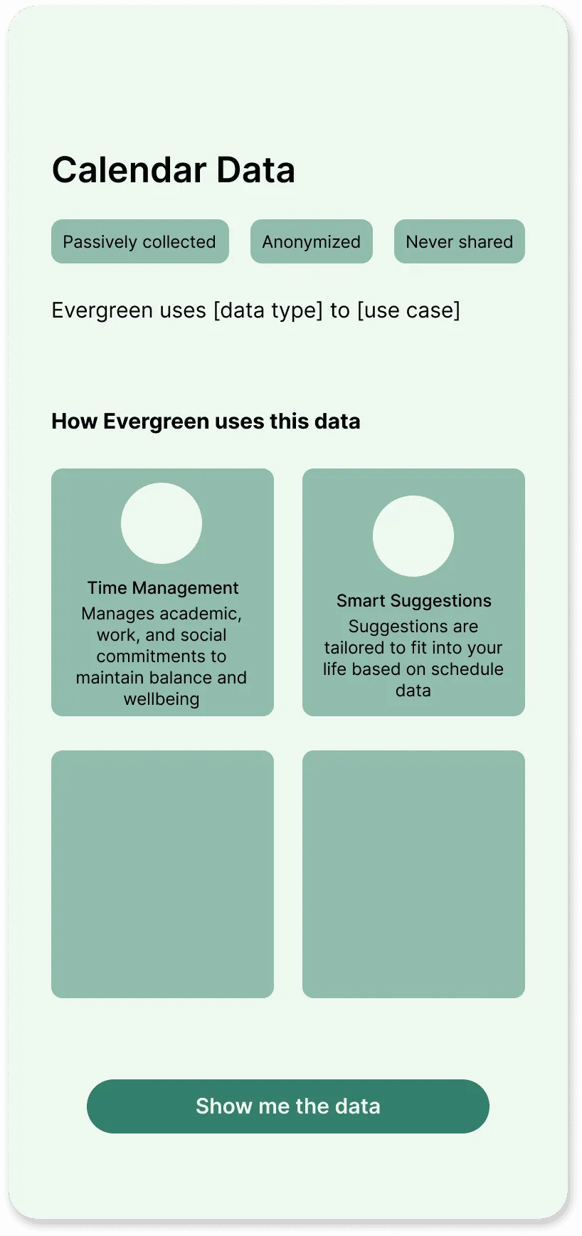 Per-data-type screens spelling out how Evergreen would use GPS, movement, wifi, gyroscopic, calendar, biometric, phone usage, and ambient environment data (5 of 8)