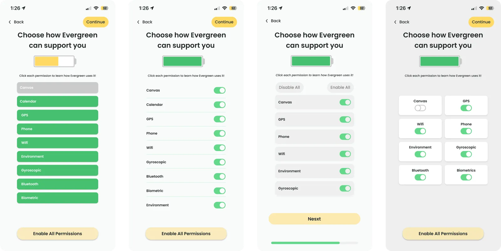 Permissions screen iterations with less emphasis on the battery visual
