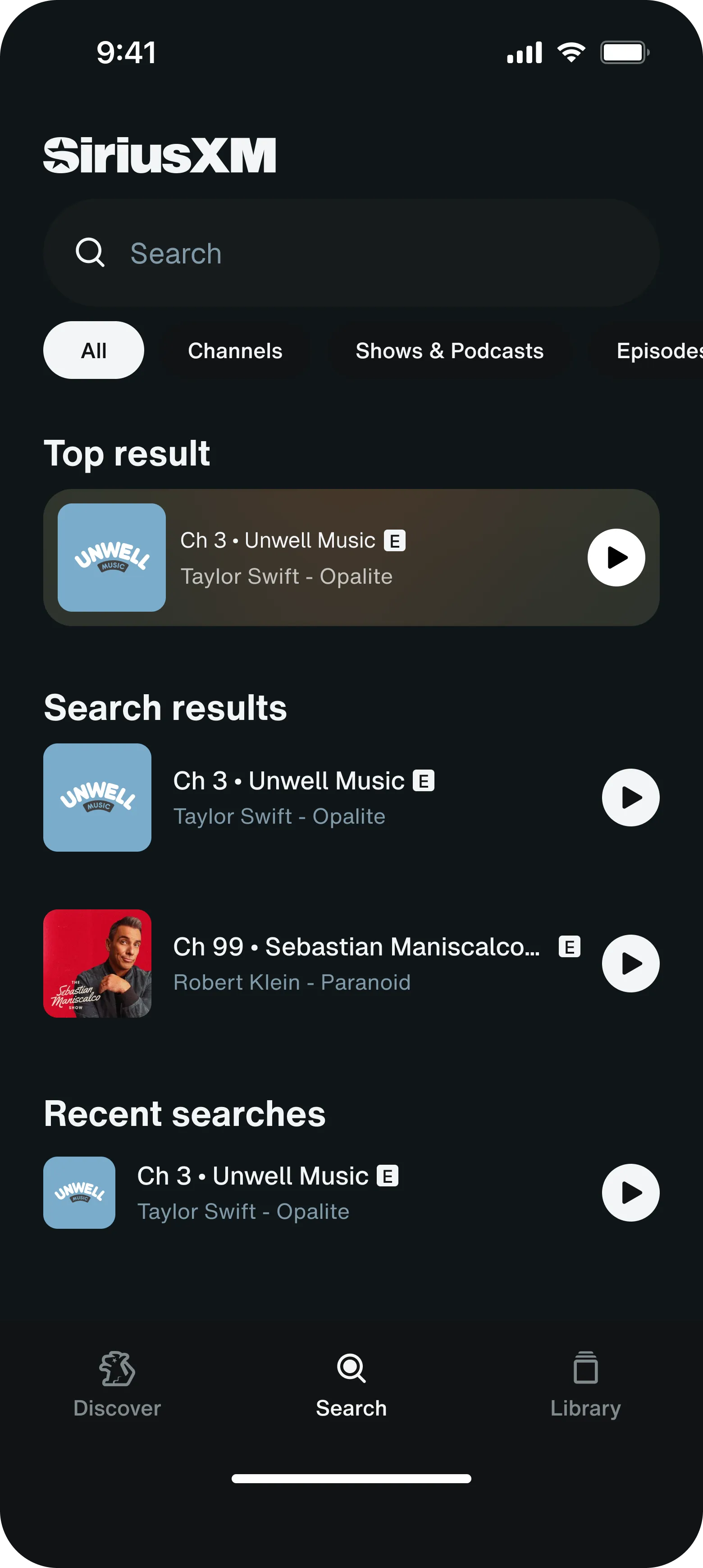 A SiriusXM search screen with the E badge trailing the channel title in the top result, the search results and the recent searches