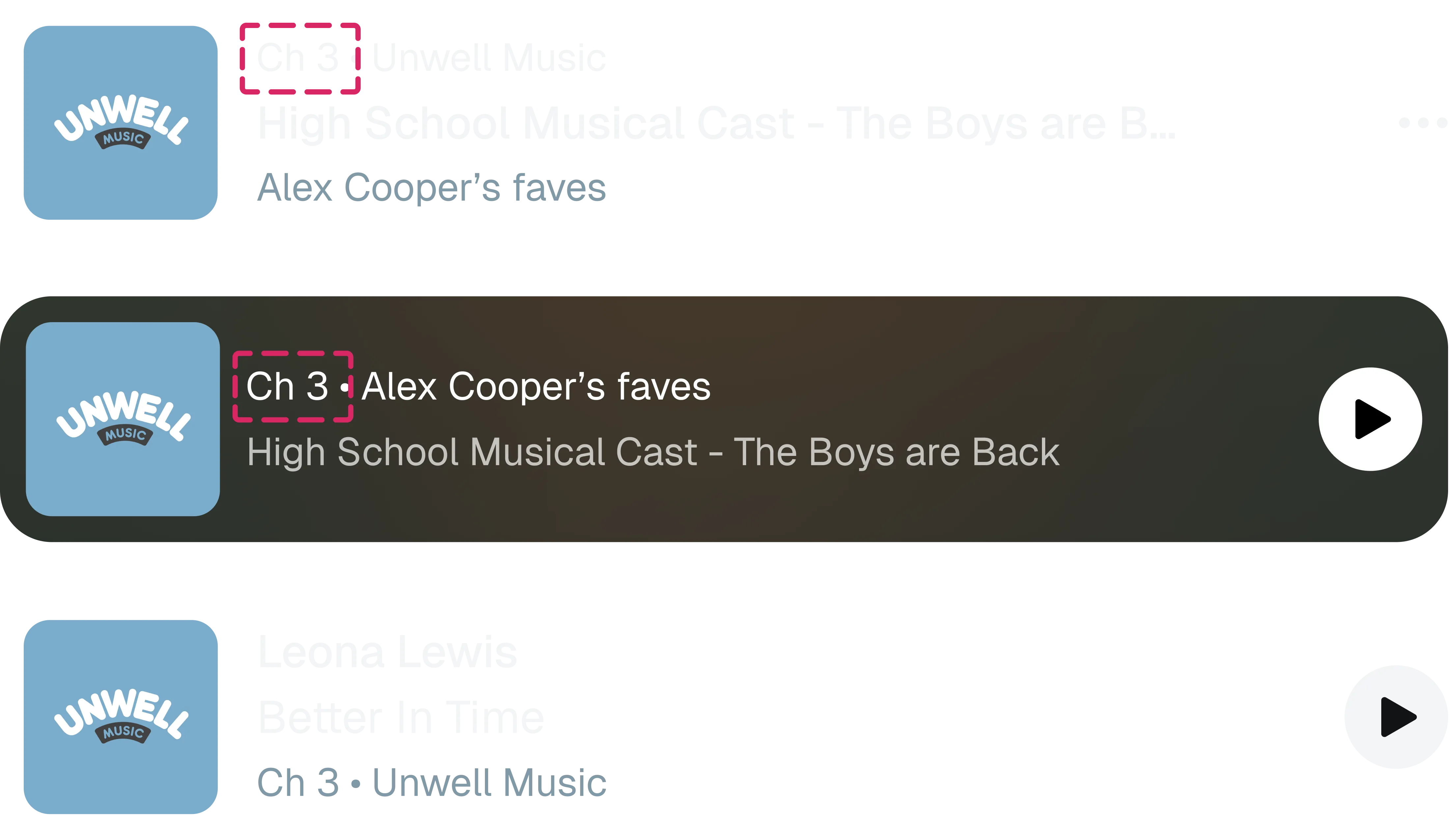 Three list rows stacked, the channel number ringed in a different line on each one — the eyebrow, the title, then the subtitle