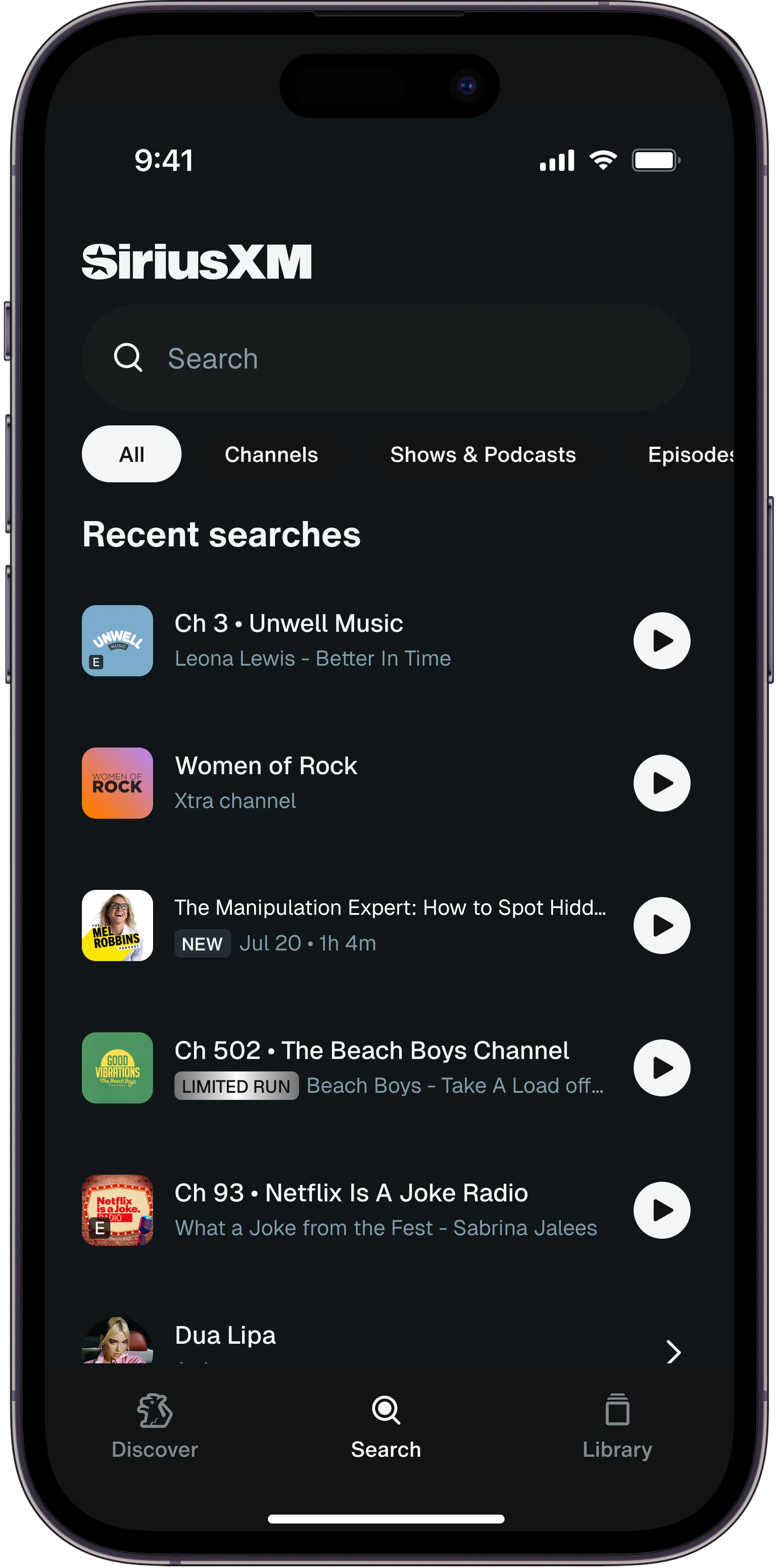 A SiriusXM search screen with recent searches, the E badge over the artwork on two rows and NEW and LIMITED RUN badges in the metadata lines