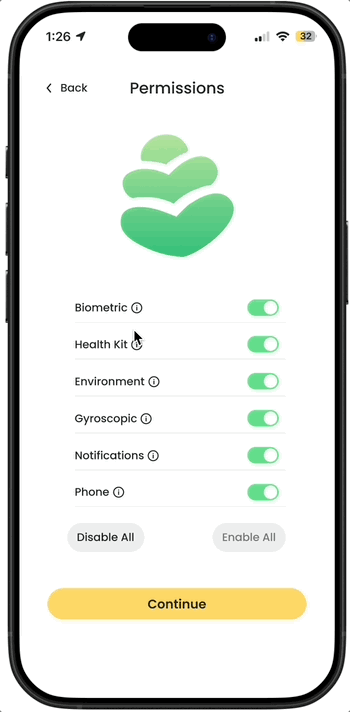 The Evergreen permissions screen: a student reviews each data type and toggles it on or off